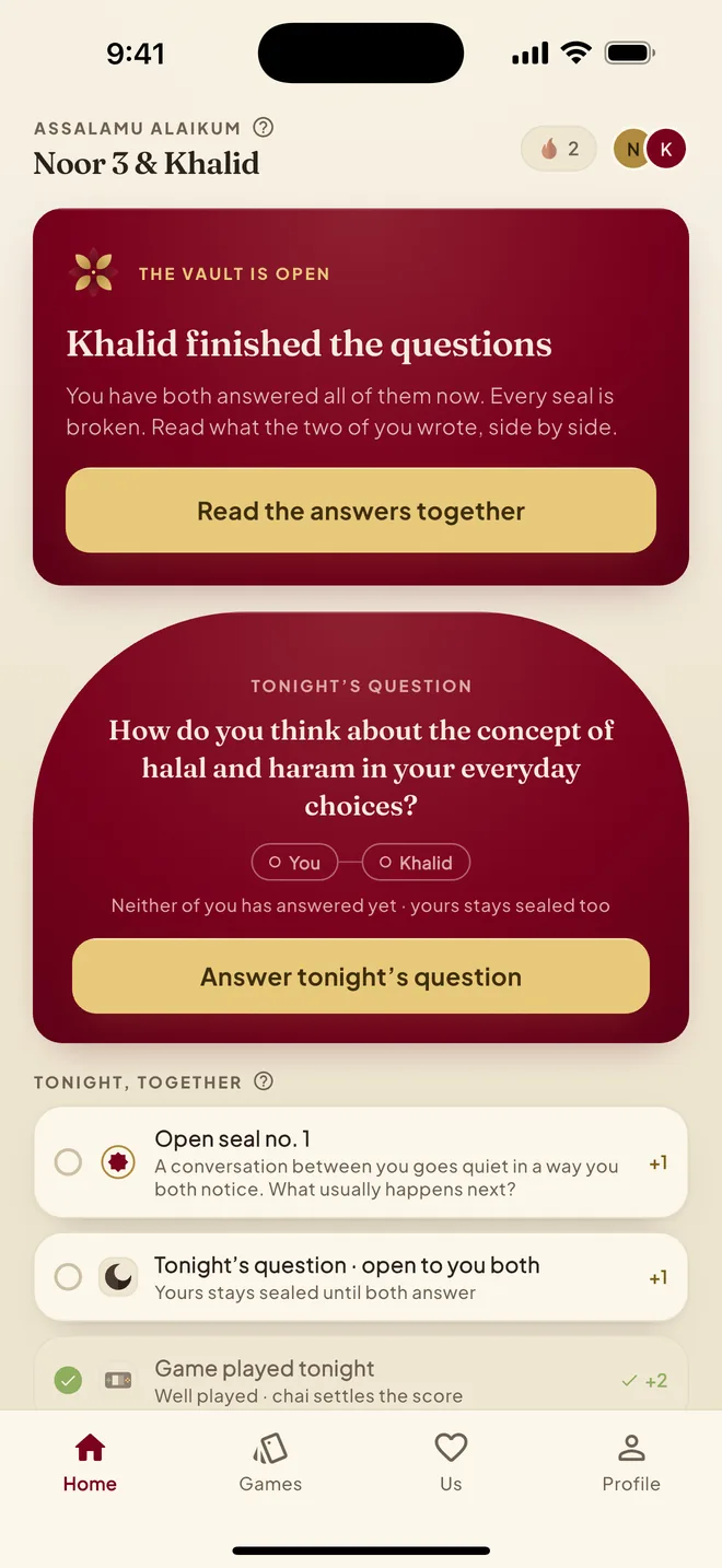 Mawadda home screen with tonight's question